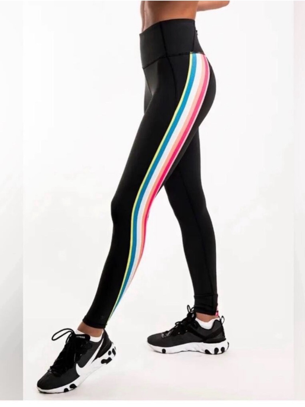 Set of 2 IVL High-Waist Black Leggings with Multi-Color Side Stripe